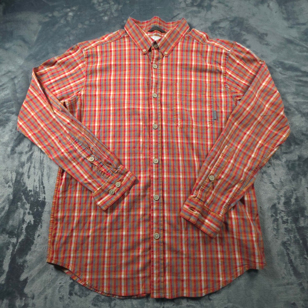 Columbia Mens Large Plaid Button Down Shirt Long Sleeve Red Orange Cotton Blend